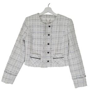 Guess Tweed Jacket Blazer Women Size M White Black Plaid Crop Fringe